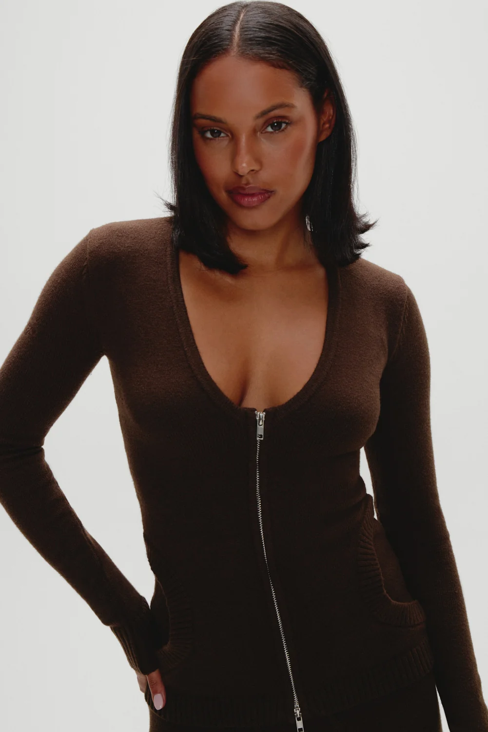 Sienna Zip Up Knit Sweater - Chocolate Brown