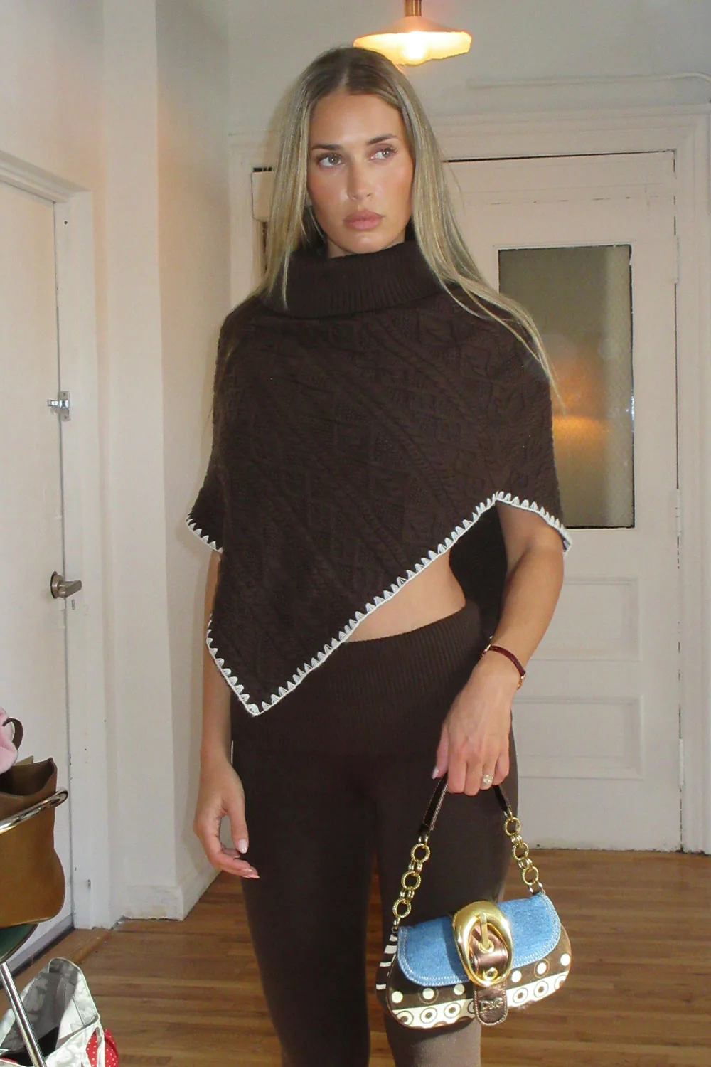Windswept Cotton Knit Poncho - Chocolate Brown